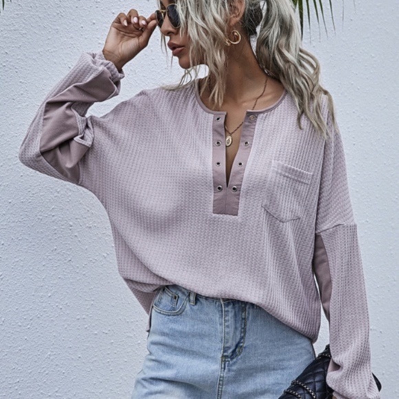 Lavender pocket oversized knit waffle top - Picture 6 of 15